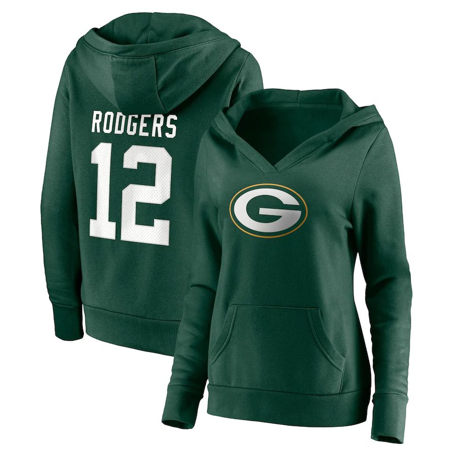 Women Green Bay Packers #12 Aaron Rodgers Fanatics Branded Green Player Icon Name & Number Pullover Hoodie->women nfl jersey->Women Jersey